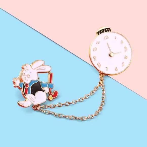 Betsey Johnson Cute Rabbit & Clock Chain BroochAlice in Wonderland Enamel Pin Se - Picture 6 of 11